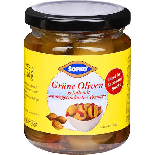 Sofko grüne Oliven gefüllt mit sonnengetrockneten Tomaten 275ml – Bild 1